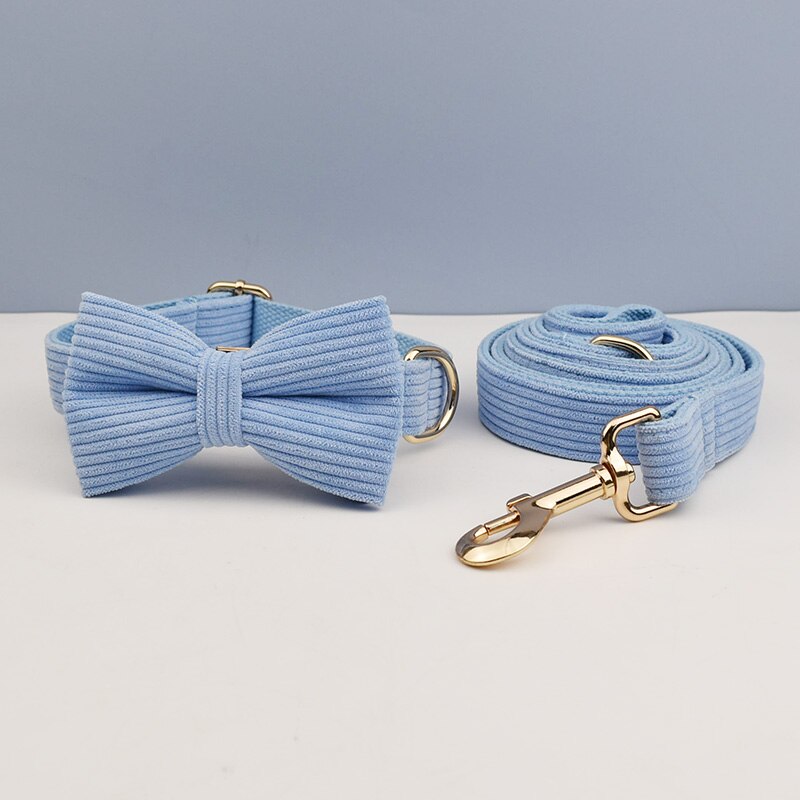 Blue Corduroy Dog Collar And Leash Set