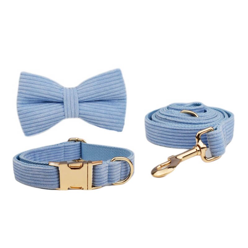 Blue Corduroy Dog Collar And Leash Set