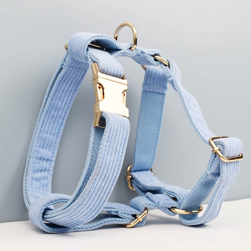 Blue Corduroy Dog Collar And Leash Set
