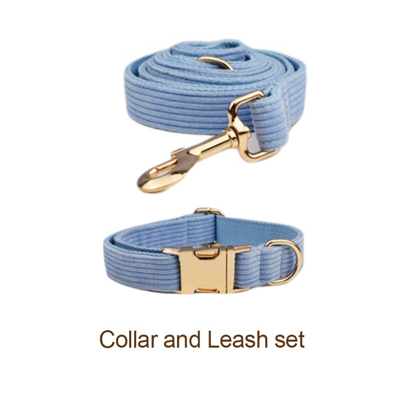 Blue Corduroy Dog Collar And Leash Set